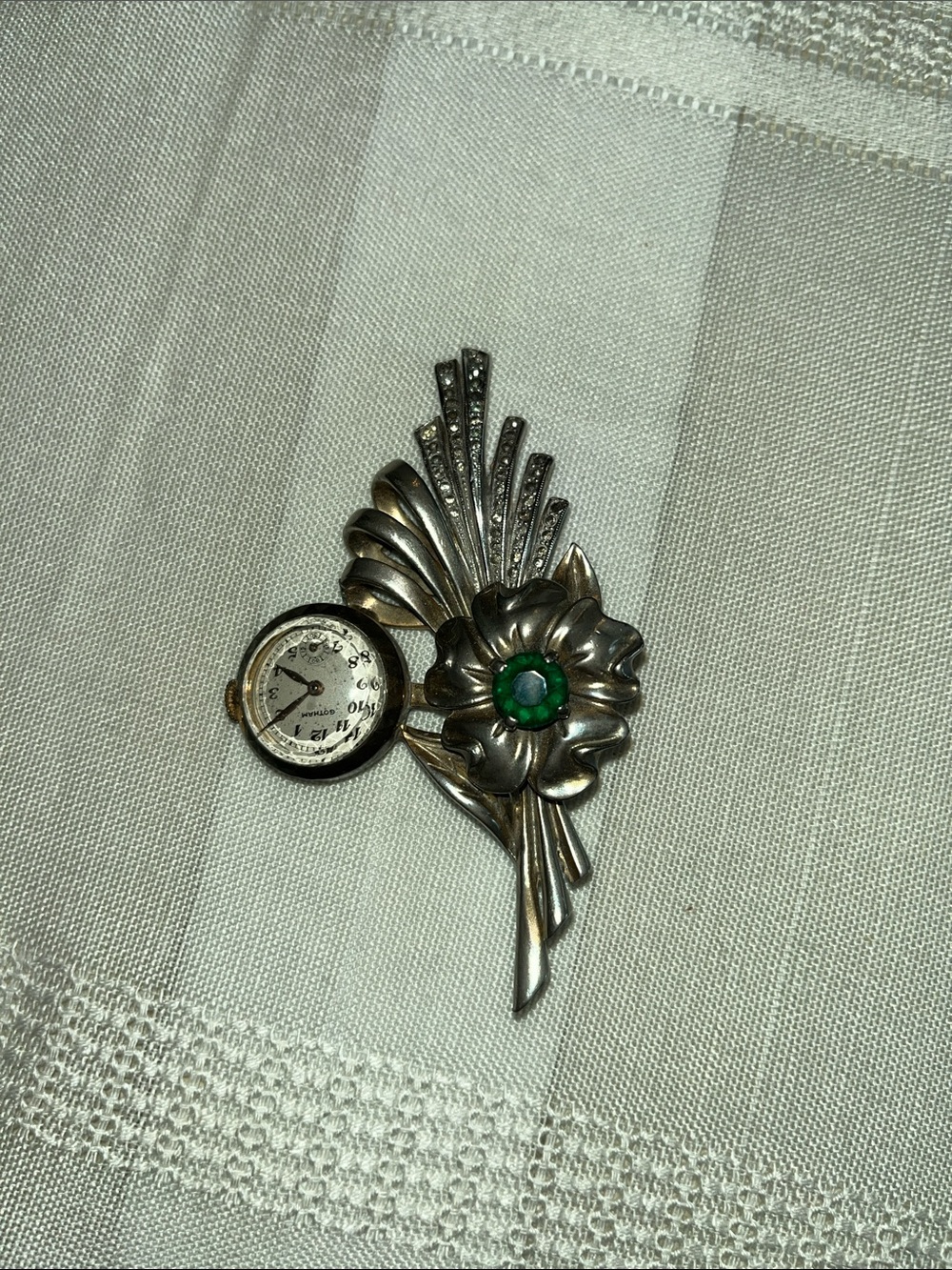 Vintage Silver Tone Floral Watch Brooch with Green Stone. Gotham brand Watch.